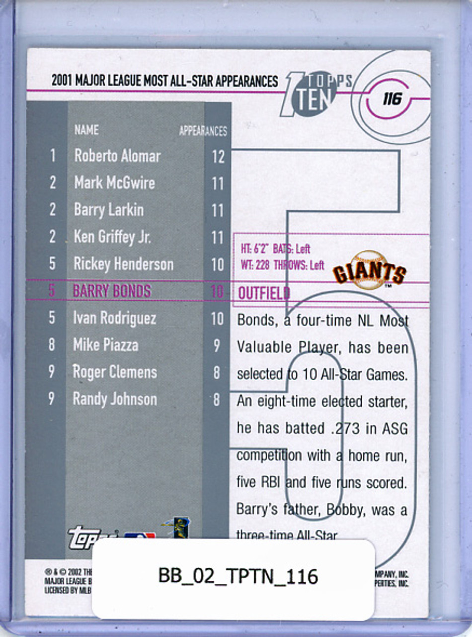 Barry Bonds 2002 Topps Ten #116 Most All-Star Appearances