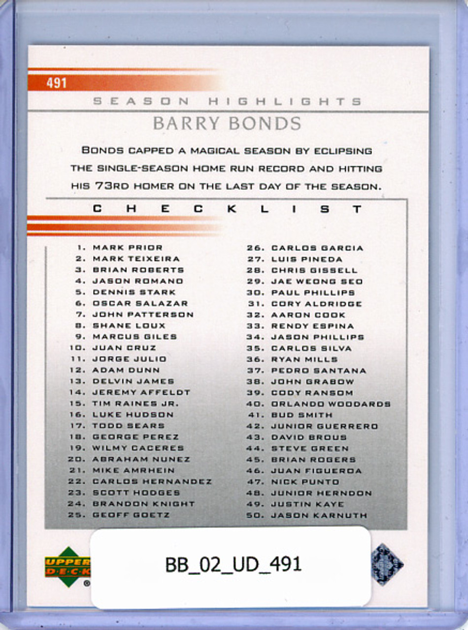 Barry Bonds 2002 Upper Deck #491 Checklist