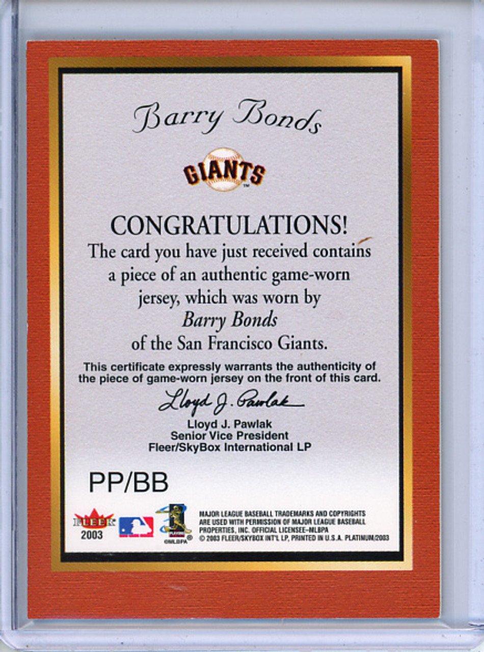 Barry Bonds 2003 Platinum, Platinum Portraits Game Jersey #PP/BB (1)