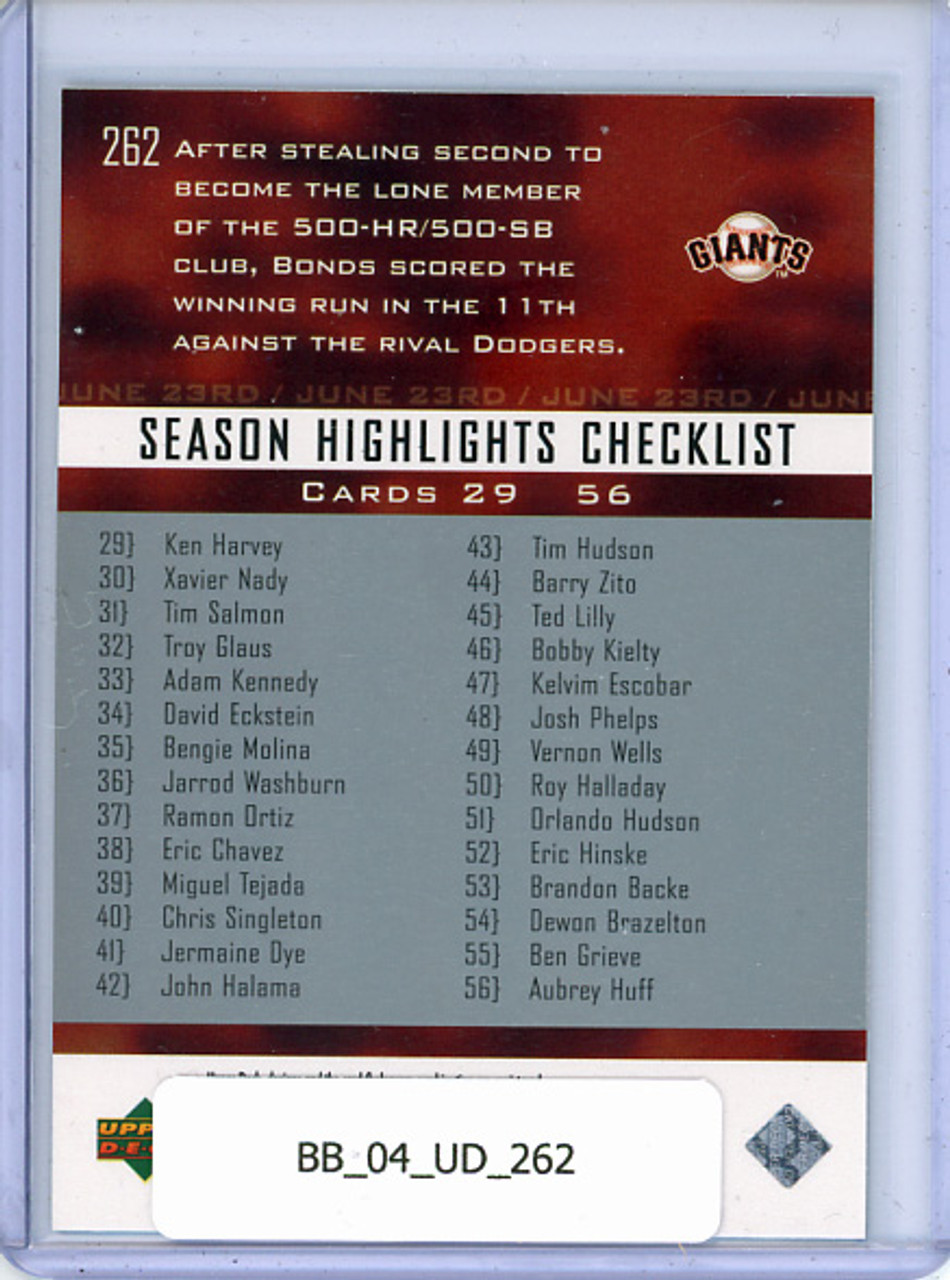 Barry Bonds 2004 Upper Deck #262 Season Highlights Checklist