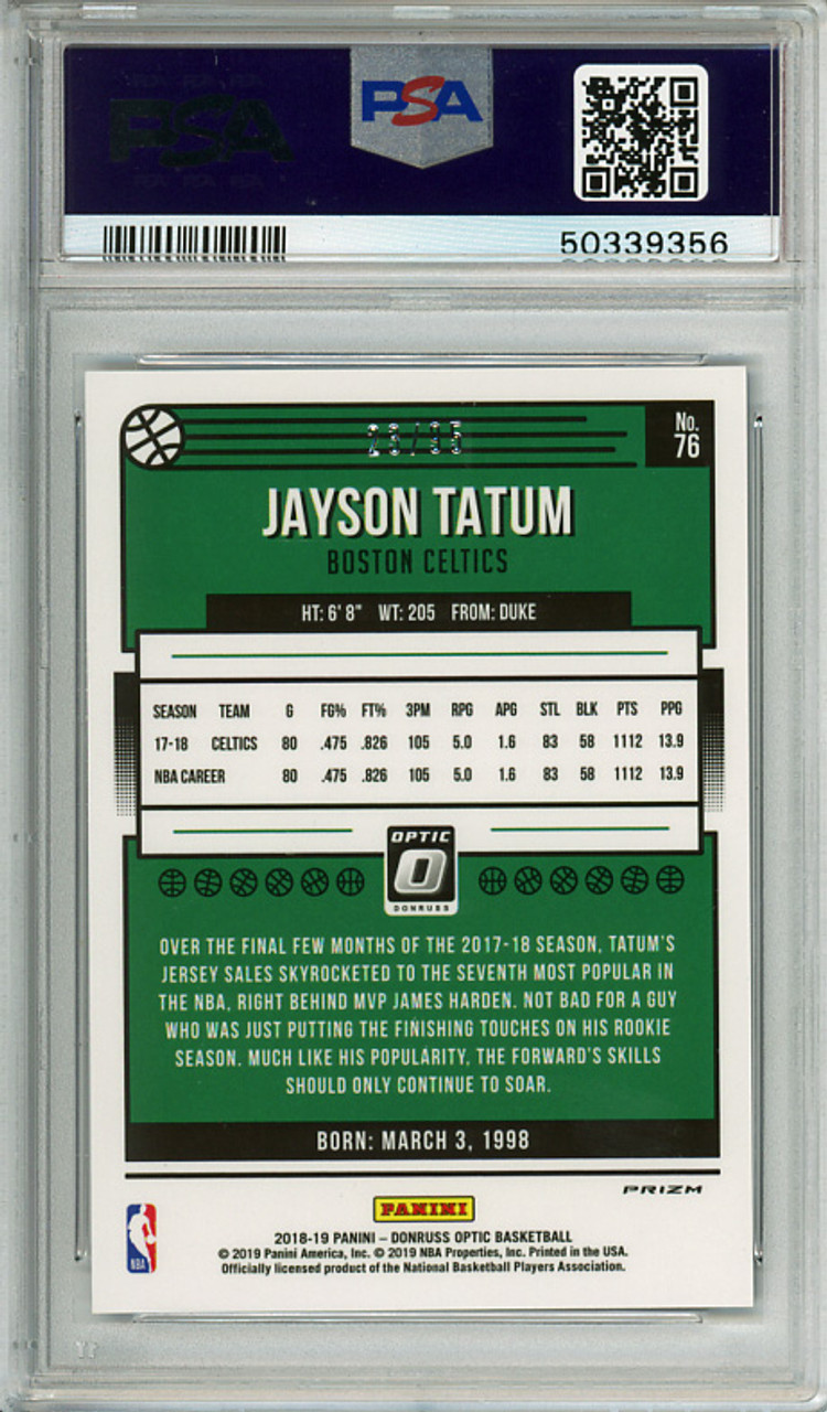 Jayson Tatum 2018-19 Donruss Optic #76 Fast Break Purple (#23/95) PSA 10 Gem Mint (#50339356)