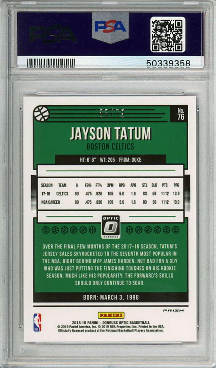 Jayson Tatum 2018-19 Donruss Optic #76 Pink Velocity (#33/79) PSA 9 Mint (#50339358)