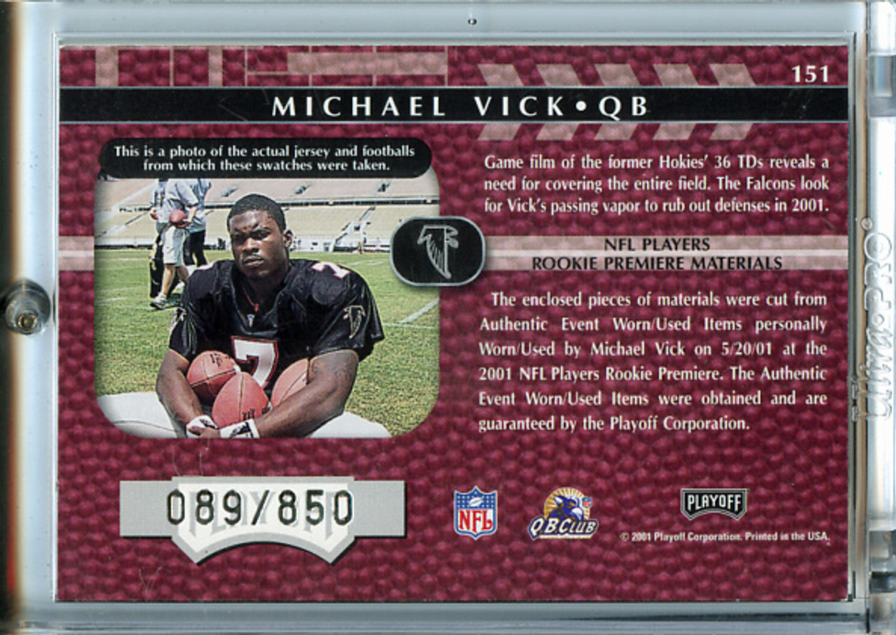 Michael Vick 2001 Playoff Absolute #151 Rookie Premiere Materials (#089/850)