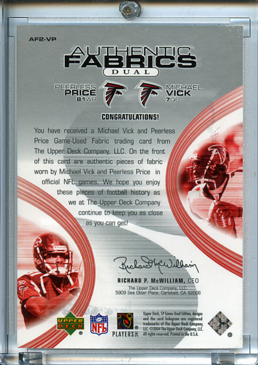 Michael Vick, Peerless Price 2004 SP Game Used, Authentic Fabric Duals #AF2-VP (#073/100)