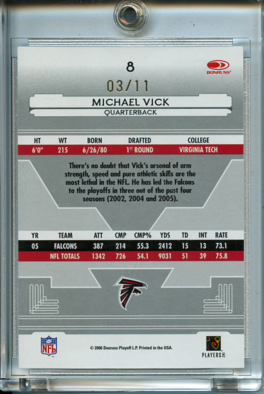 Michael Vick 2006 Leaf Certified Materials #8 Mirror Gold Signatures (#03/11)