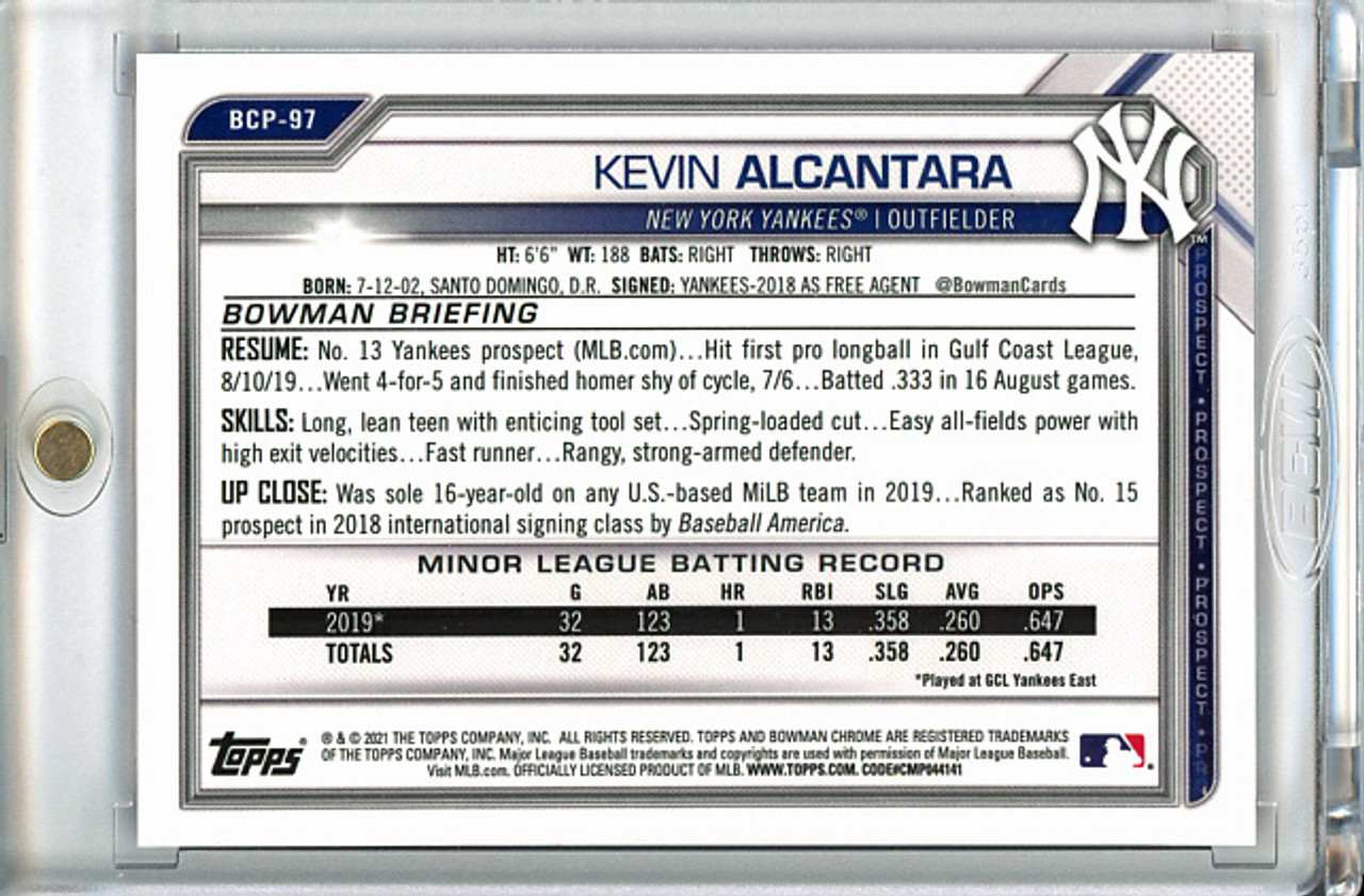 Kevin Alcantara 2021 Bowman Chrome Prospects #BCP-97 Fuchsia Refractors (#120/199)