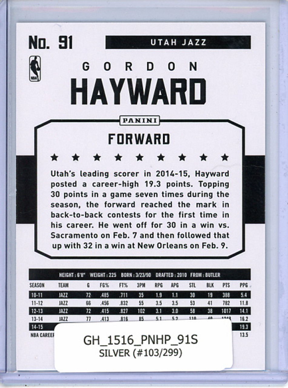 Gordon Hayward 2015-16 Hoops #91 Silver (#103/299)
