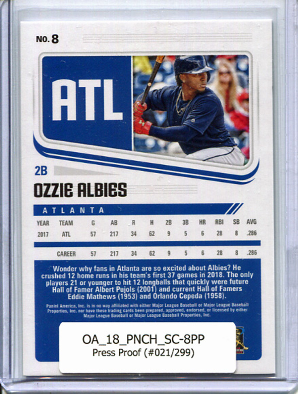 Ozzie Albies 2018 Chronicles, Score #8 Press Proof (#021/299)