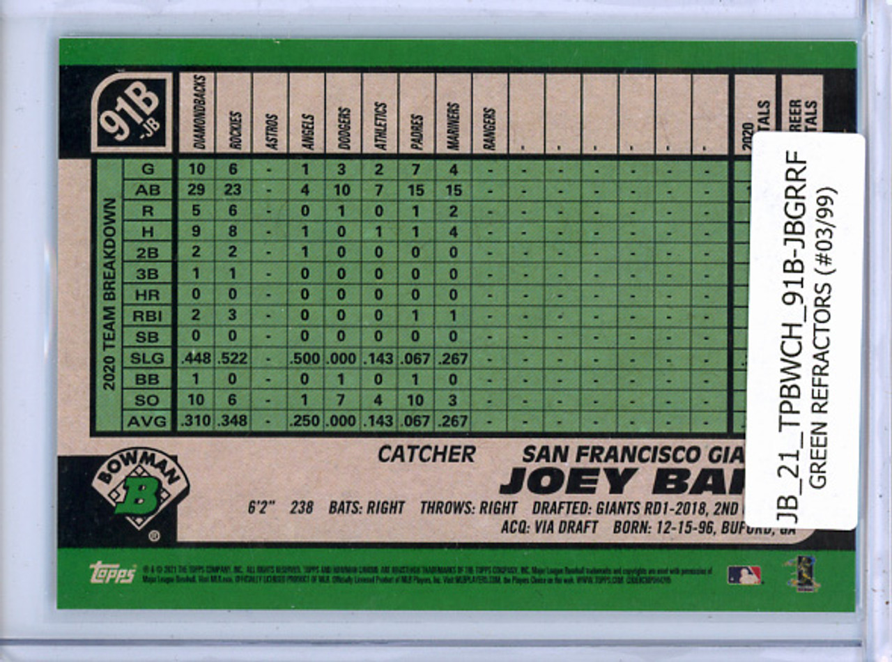 Joey Bart 2021 Bowman Chrome, 1991 Bowman #91B-JB Green Refractors (#03/99)