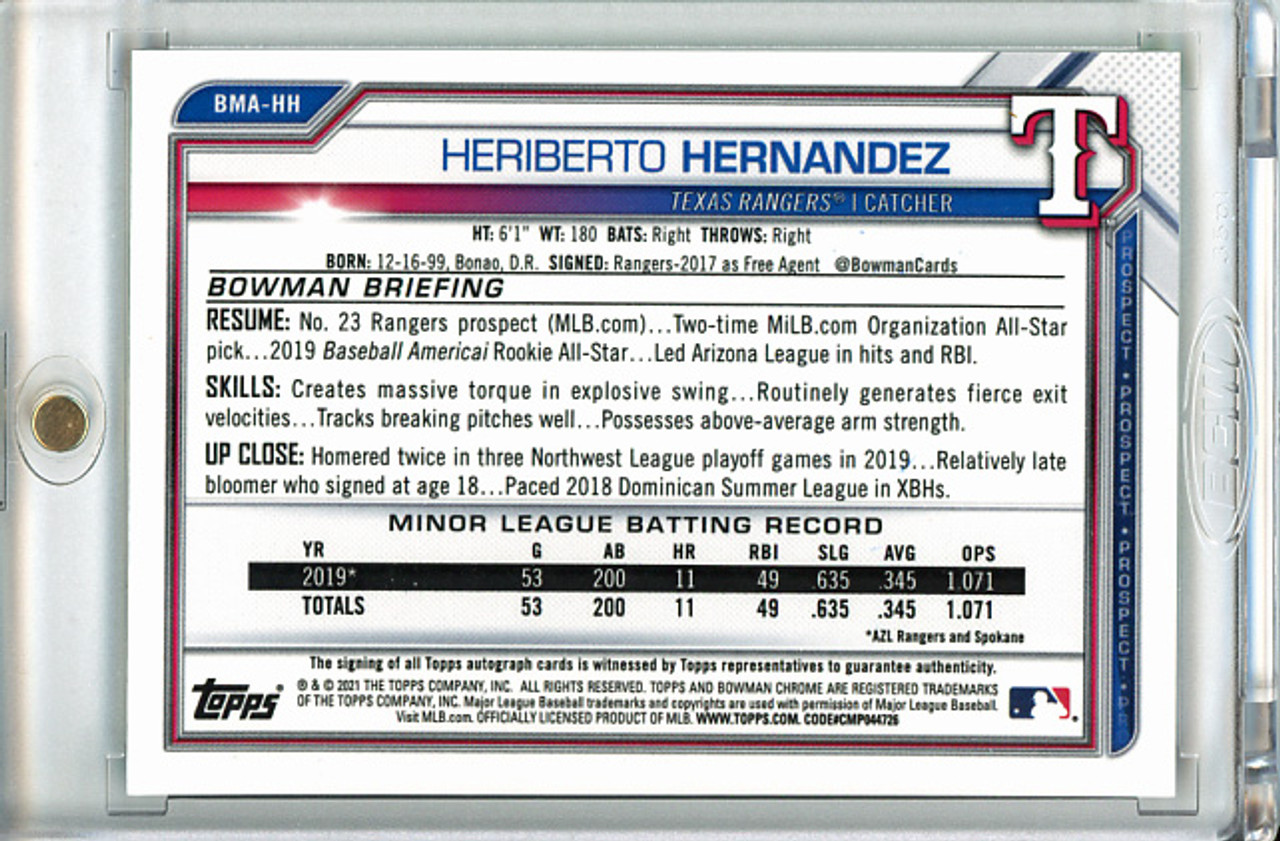 Heriberto Hernandez 2021 Bowman Chrome Prospects, Mega Box Autographs #BMA-HH Green Refractors (#17/99)