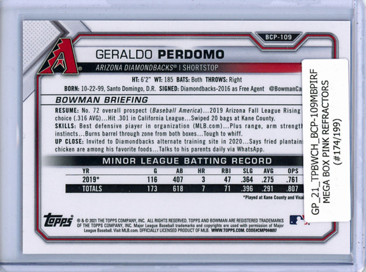 Geraldo Perdomo 2021 Bowman Chrome Prospects #BCP-109 Mega Box Pink Refractors (#174/199)