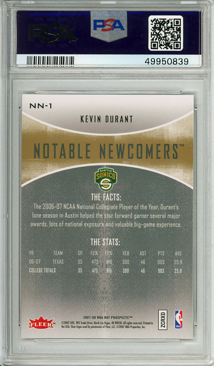 Kevin Durant 2007-08 Hot Prospects, Notable Newcomers #NN-1 PSA 10 Gem Mint (#499500839)