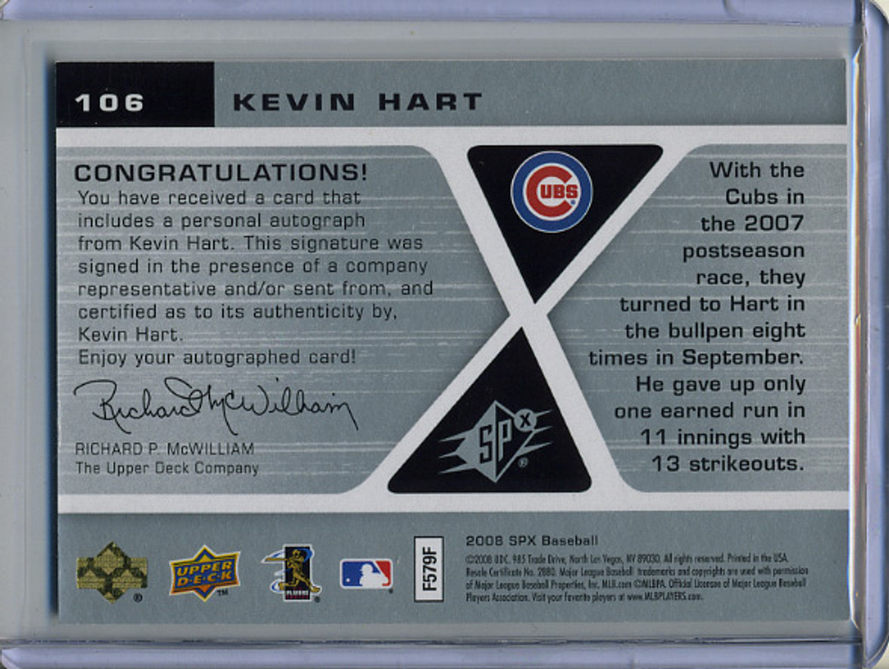 Kevin Hart 2008 SPx #106 Silver Rookie Autographs