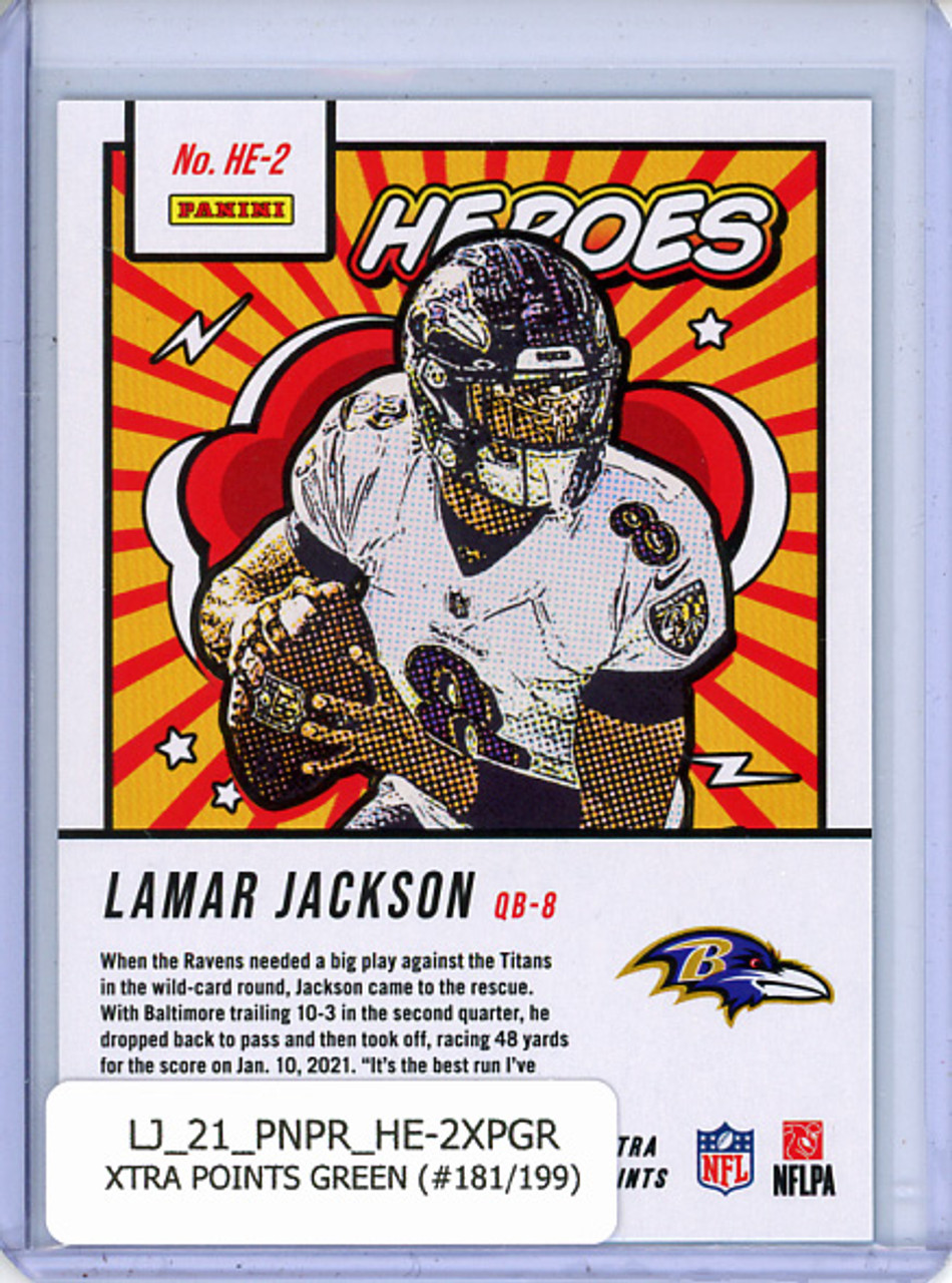 Lamar Jackson 2021 Prestige, Heroes #HE-2 Xtra Points Green (#181/199)
