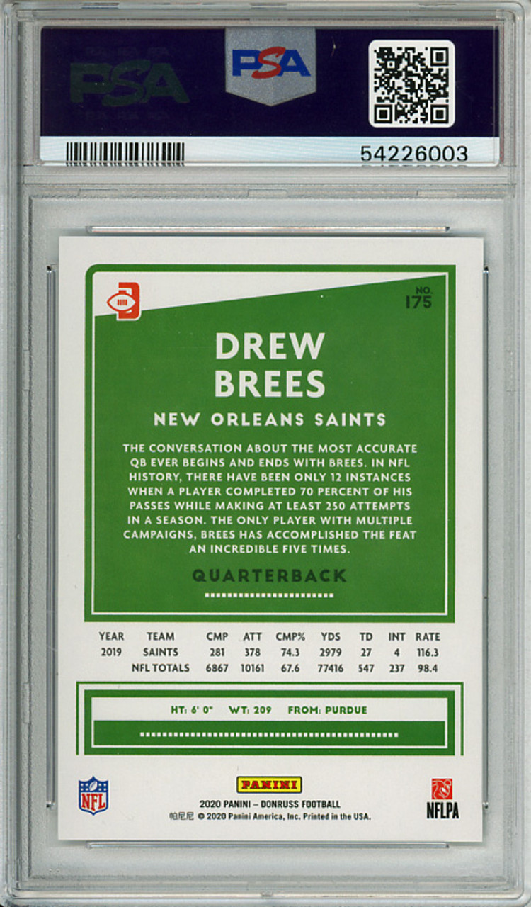 Drew Brees 2020 Donruss #175 Variations Press Proof Silver (#001/100) PSA 9 Mint (#54226003)