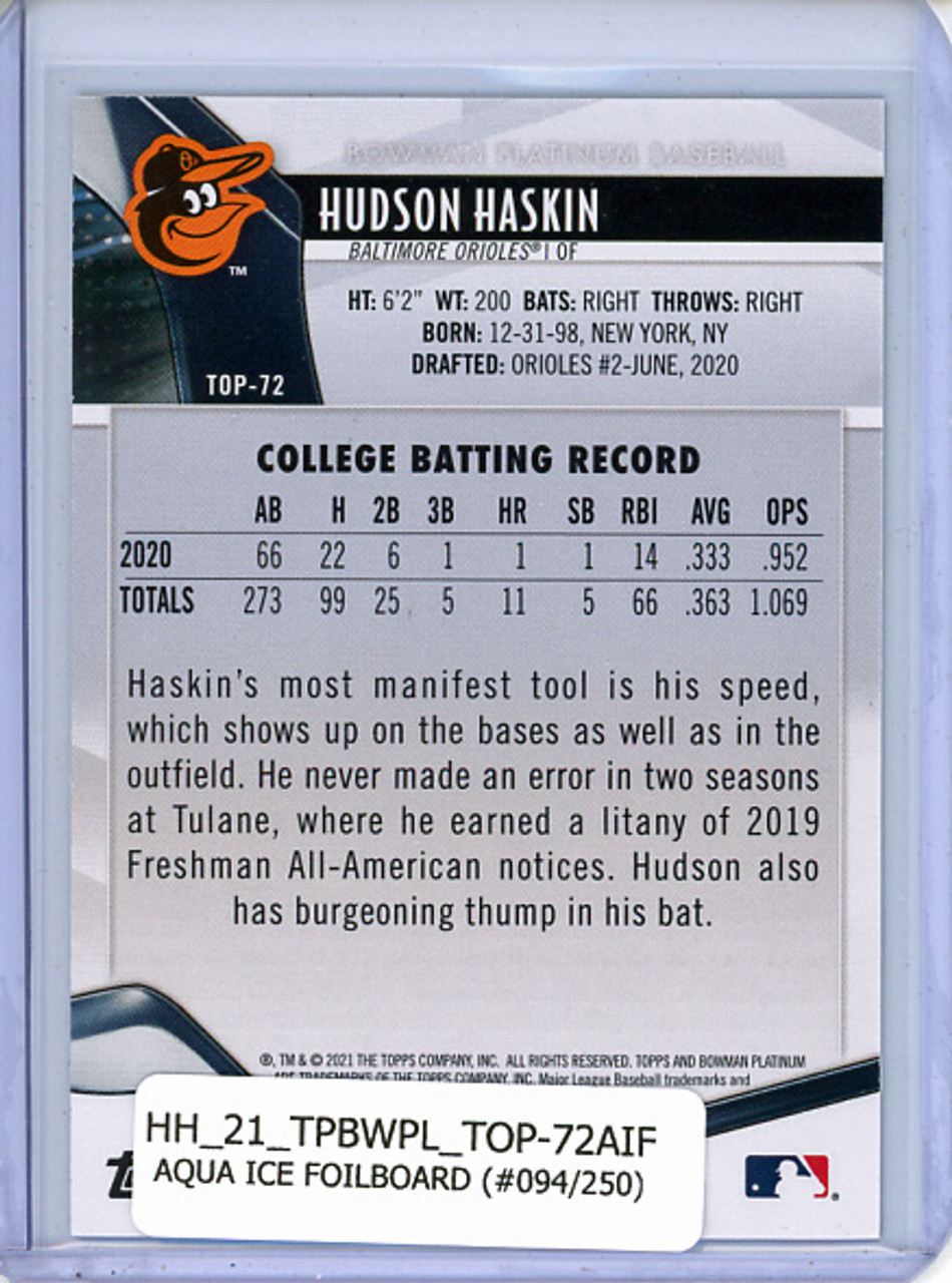 Hudson Haskin 2021 Bowman Platinum, Top Prospects #TOP-72 Aqua Ice Foilboard (#094/250)