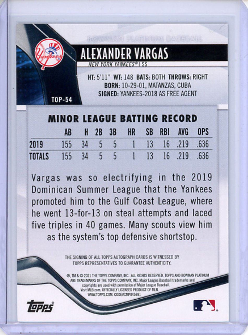 Alexander Vargas 2021 Bowman Platinum, Top Prospects #TOP-54 Autographs Ice (#16/50)