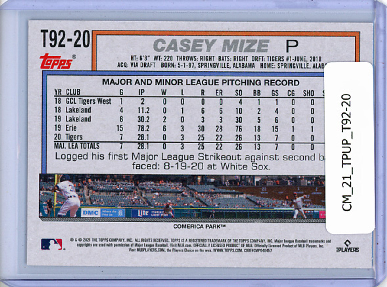 Casey Mize 2021 Topps Update, 1992 Topps Redux #T92-20