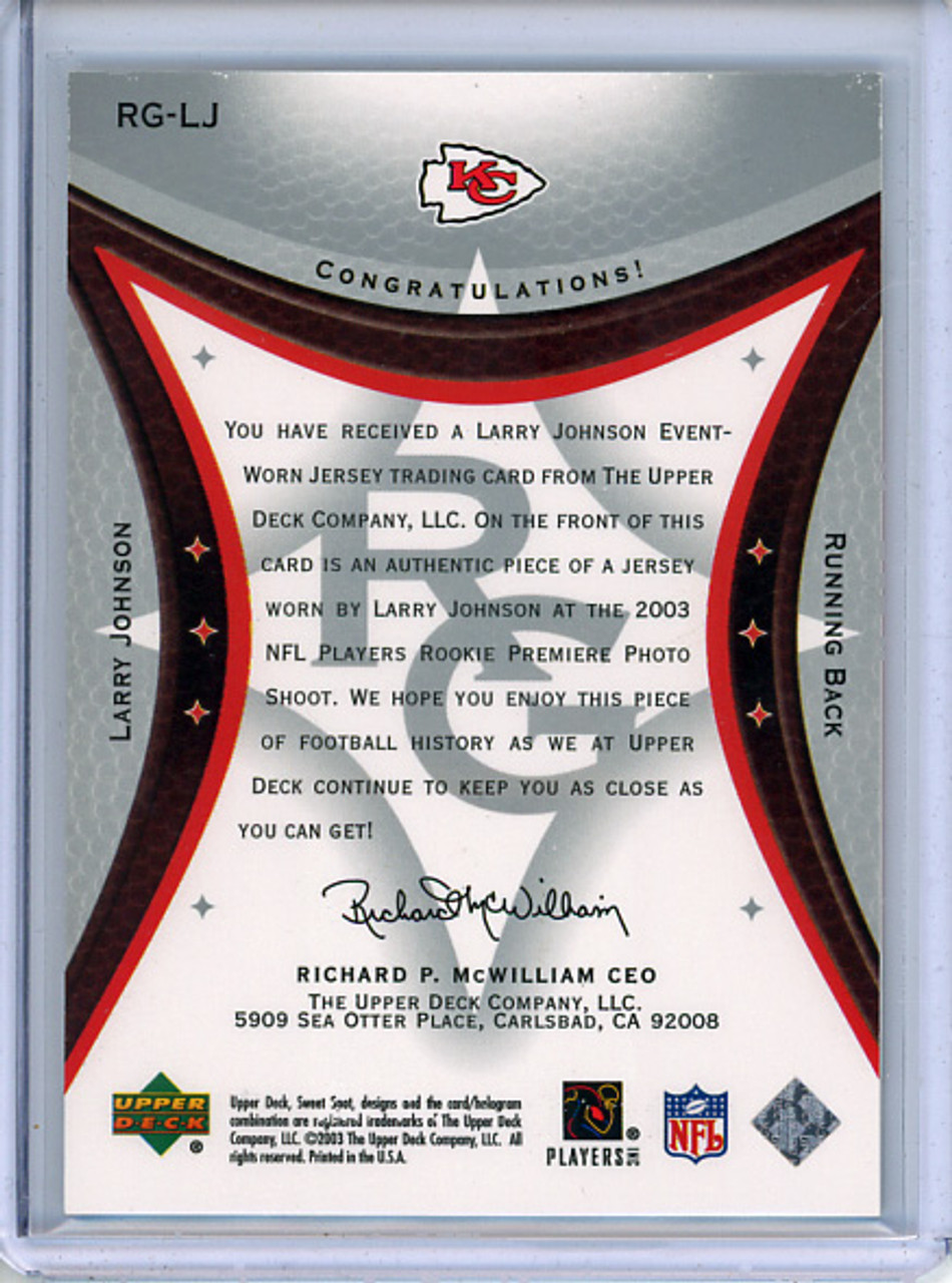 Larry Johnson 2003 Sweet Spot, Rookie Gallery Jersey #RG-LJ (#131/300) - Whiting on Surface (Top Border)