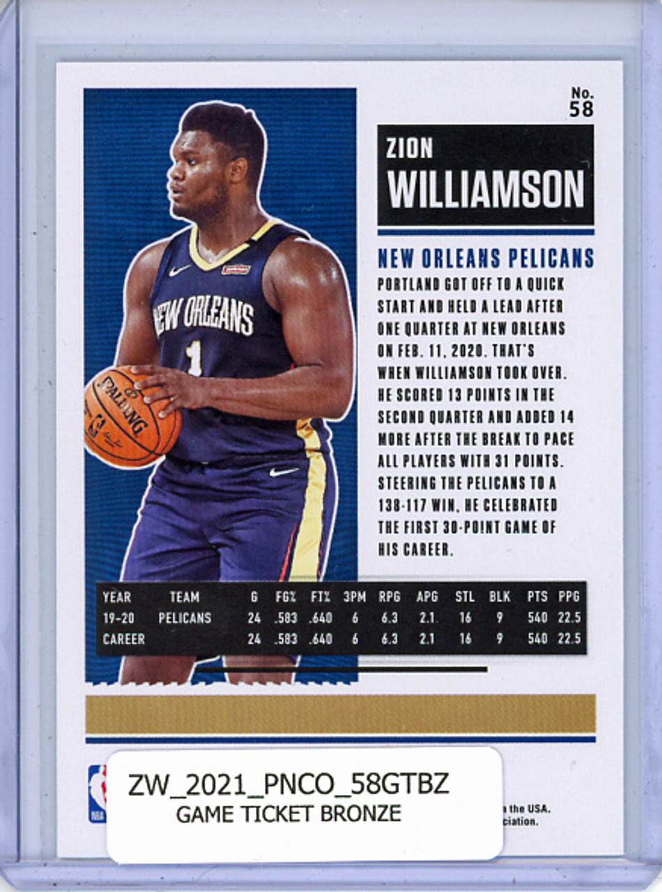 Zion Williamson 2020-21 Contenders #58 Game Ticket Bronze
