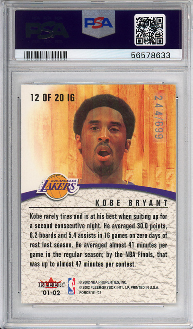Kobe Bryant 2001-02 Force, Inside the Game #IG12 (#244/699) PSA 10 Gem Mint (#56578633)
