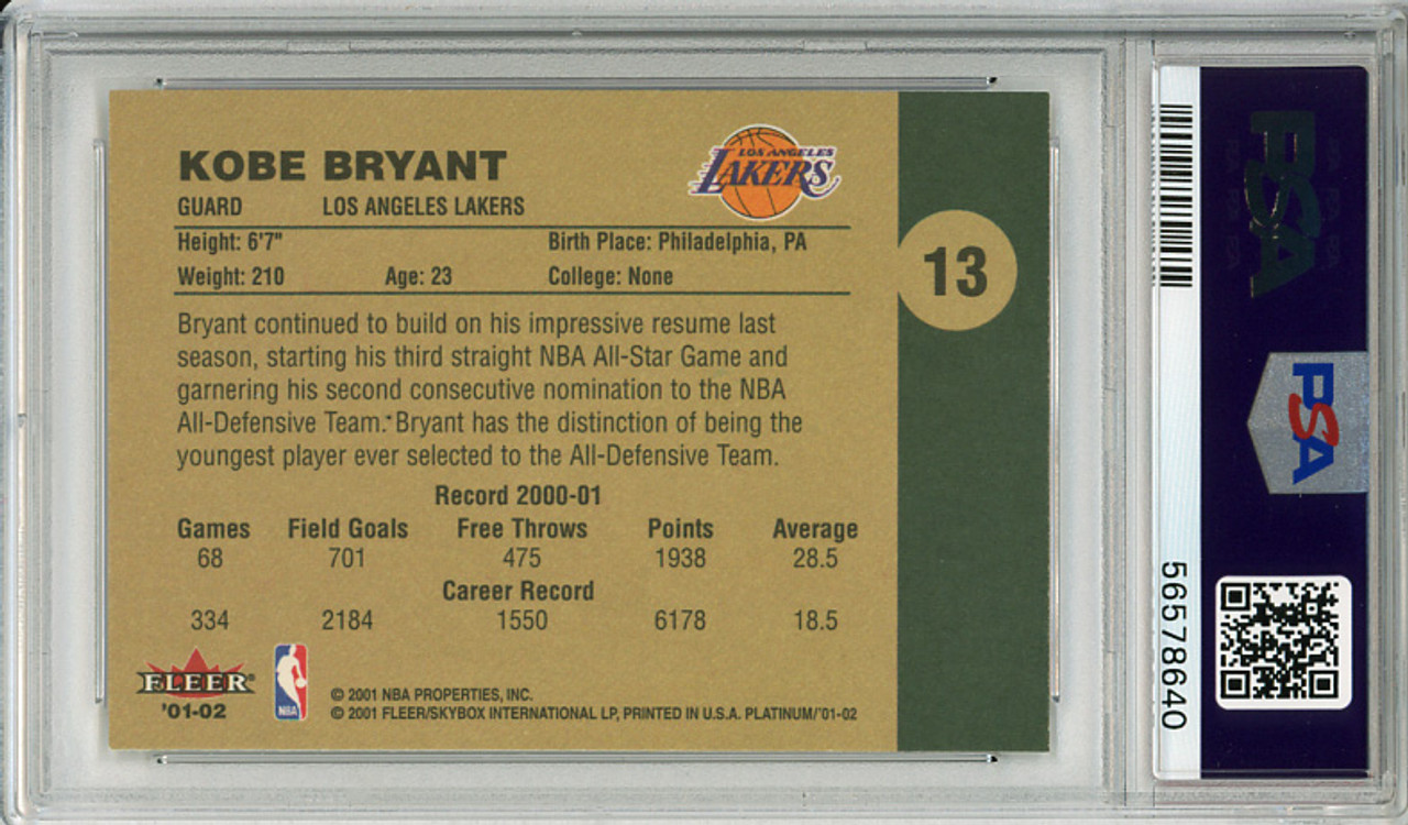 Kobe Bryant 2001-02 Platinum #13 PSA 9 Mint (#56578640)