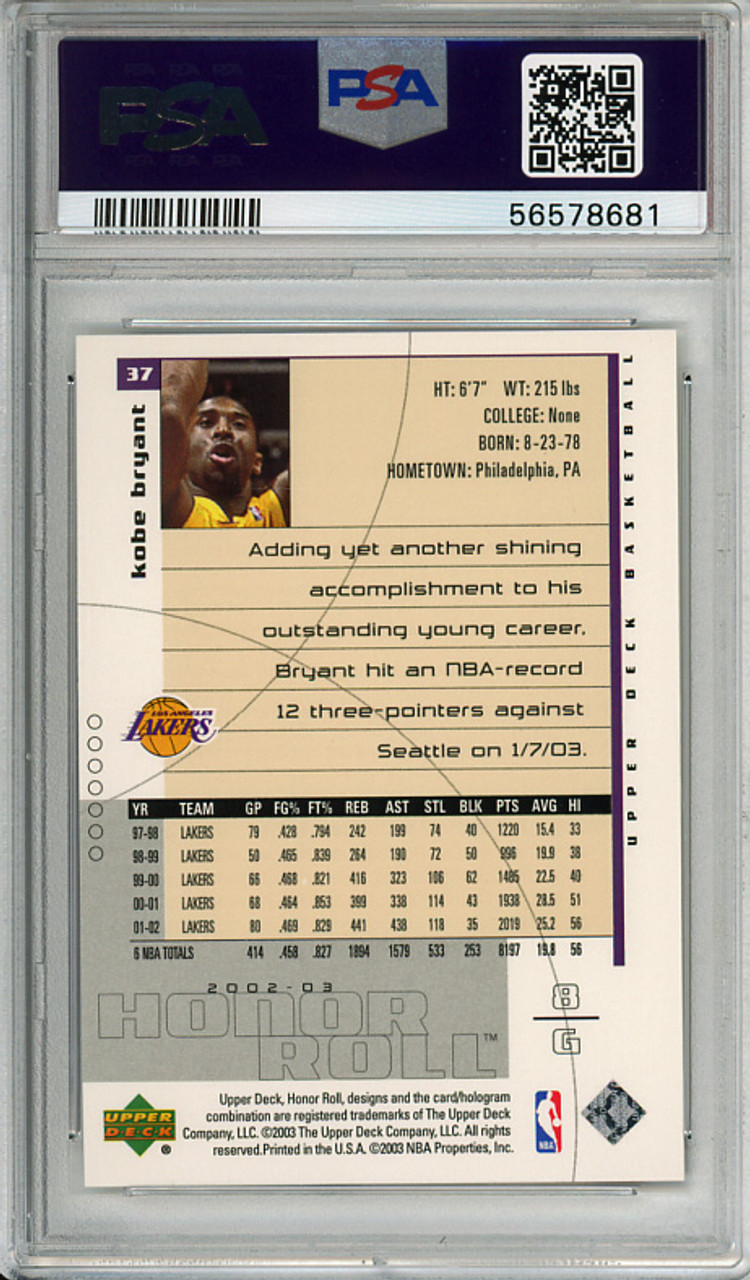 Kobe Bryant 2002-03 Honor Roll #37 PSA 9 Mint (#56578681)