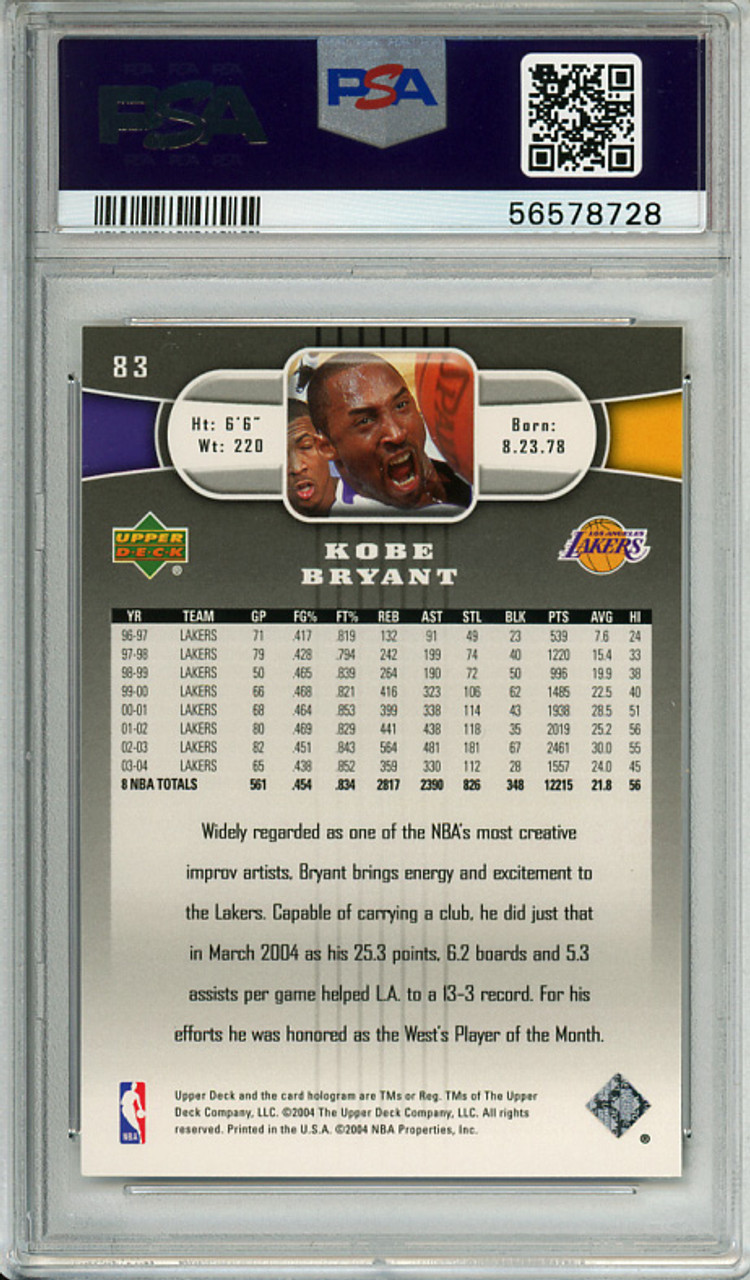 Kobe Bryant 2004-05 Upper Deck #83 PSA 10 Gem Mint (#56578728)