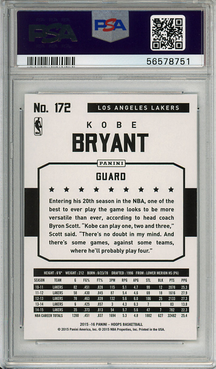 Kobe Bryant 2015-16 Hoops #172 PSA 10 Gem Mint (#56578751)