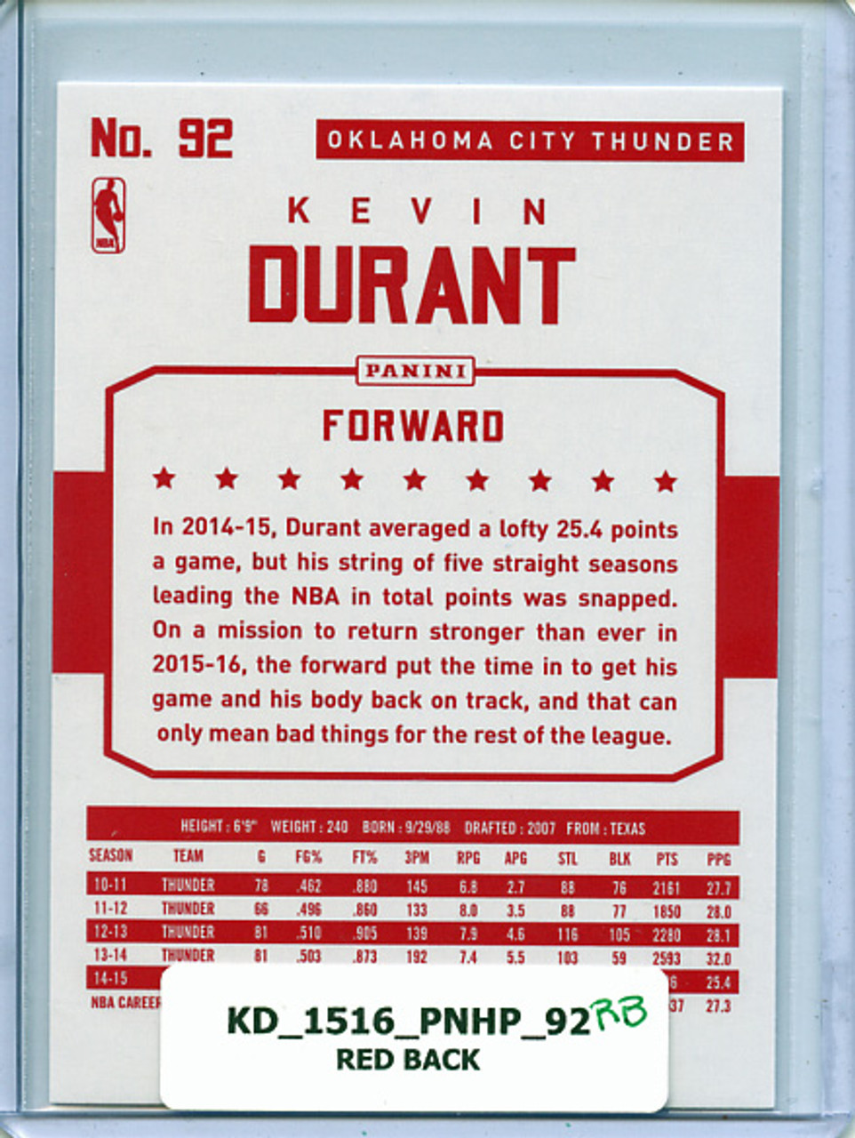Kevin Durant 2015-16 Hoops #92 Red Backs
