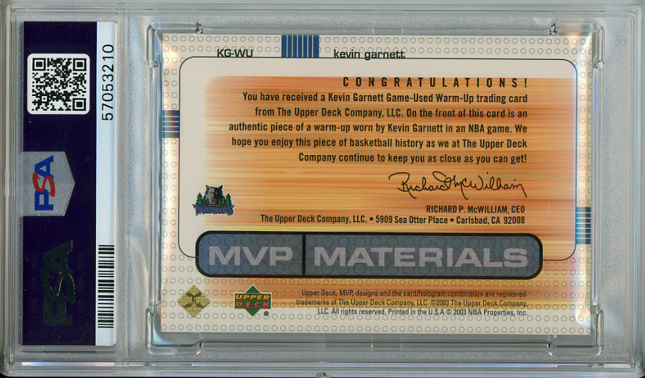 Kevin Garnett 2003-04 MVP, Materials Warmups #KG-WU PSA 8 Near Mint-Mint (#57053210)