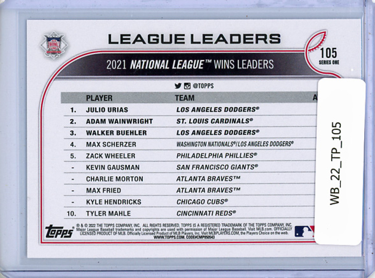 Julio Urias, Adam Wainwright, Walker Buehler 2022 Topps #105 League Leaders
