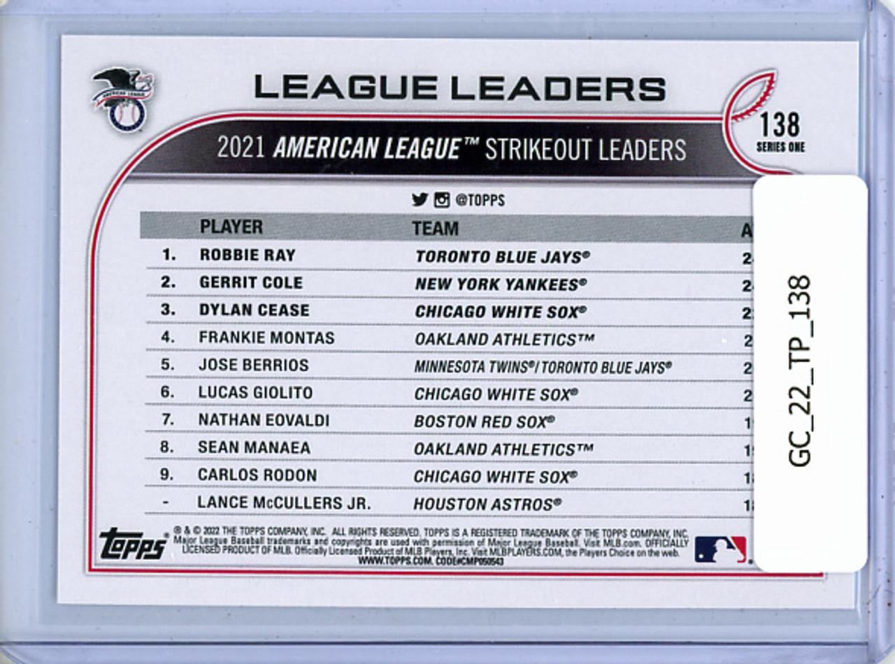 Robbie Ray, Gerrit Cole, Dylan Cease 2022 Topps #138 League Leaders