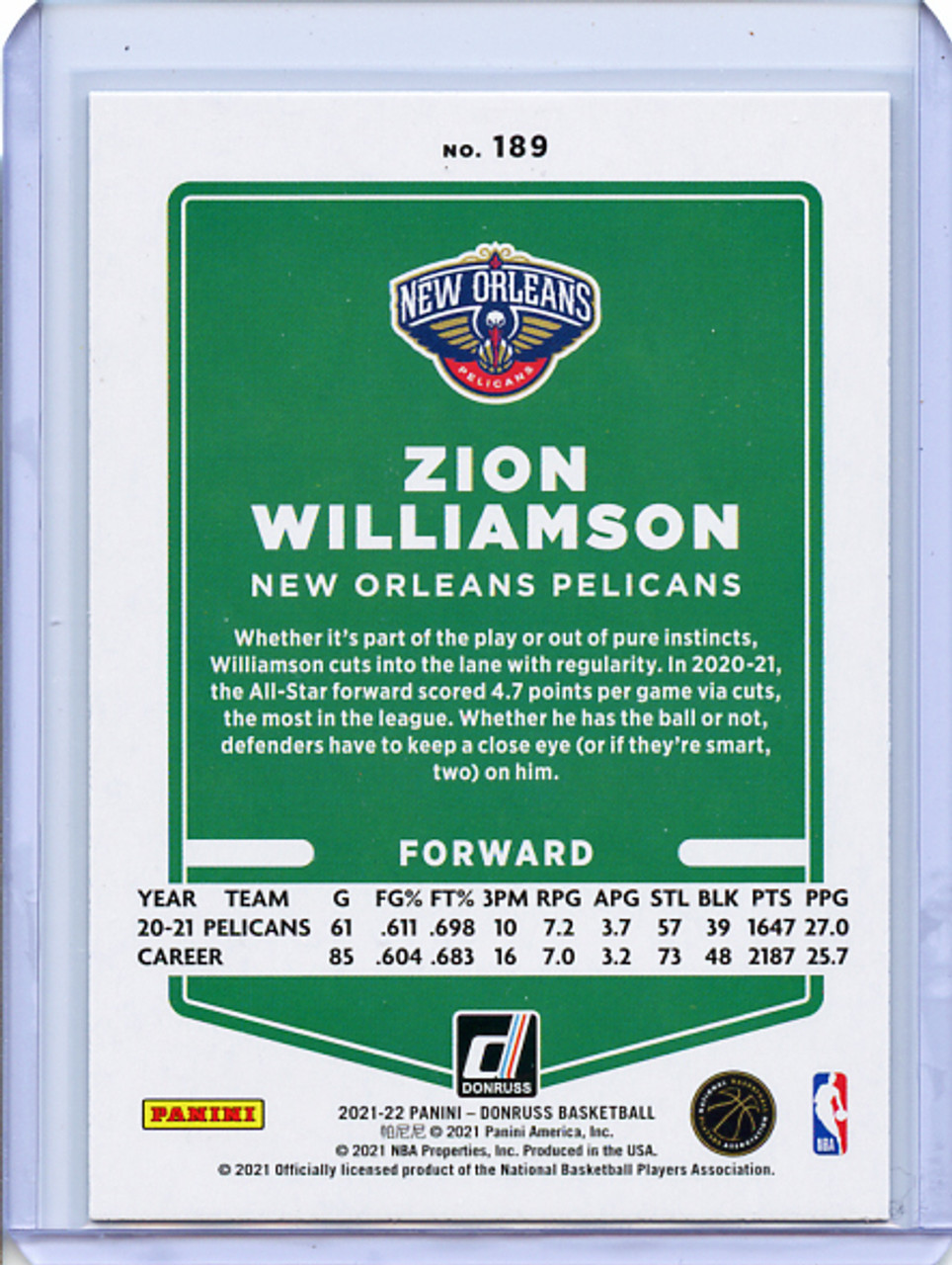Zion Williamson 2021-22 Donruss #189 Holo Green & Yellow Laser (1)