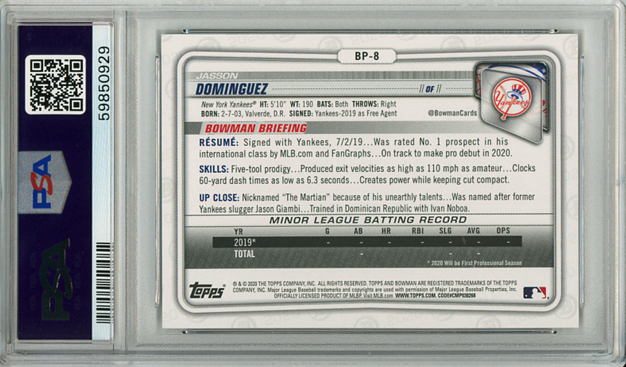 Jasson Dominguez 2020 Bowman Prospects #BP-8 Camo PSA 9 Mint (#59850929)