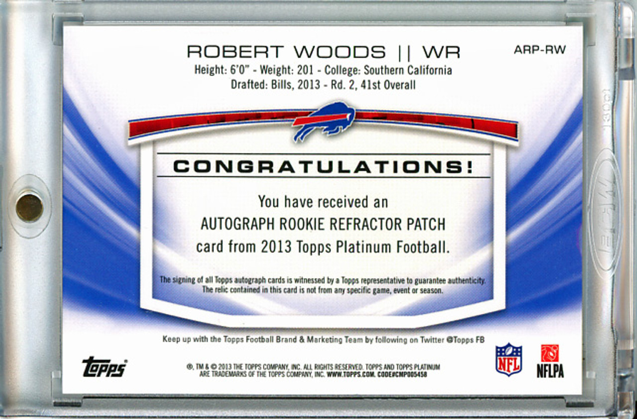 Robert Woods 2013 Platinum, Rookie Patch Autographs #ARP-RW Green Refractors (#24/99)