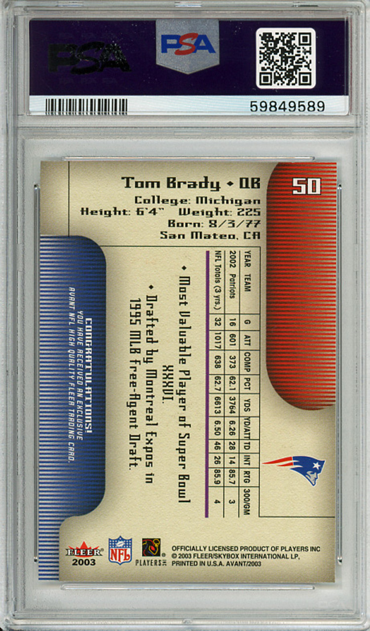 Tom Brady 2003 Avant #50 PSA 10 Gem Mint (#59849589)