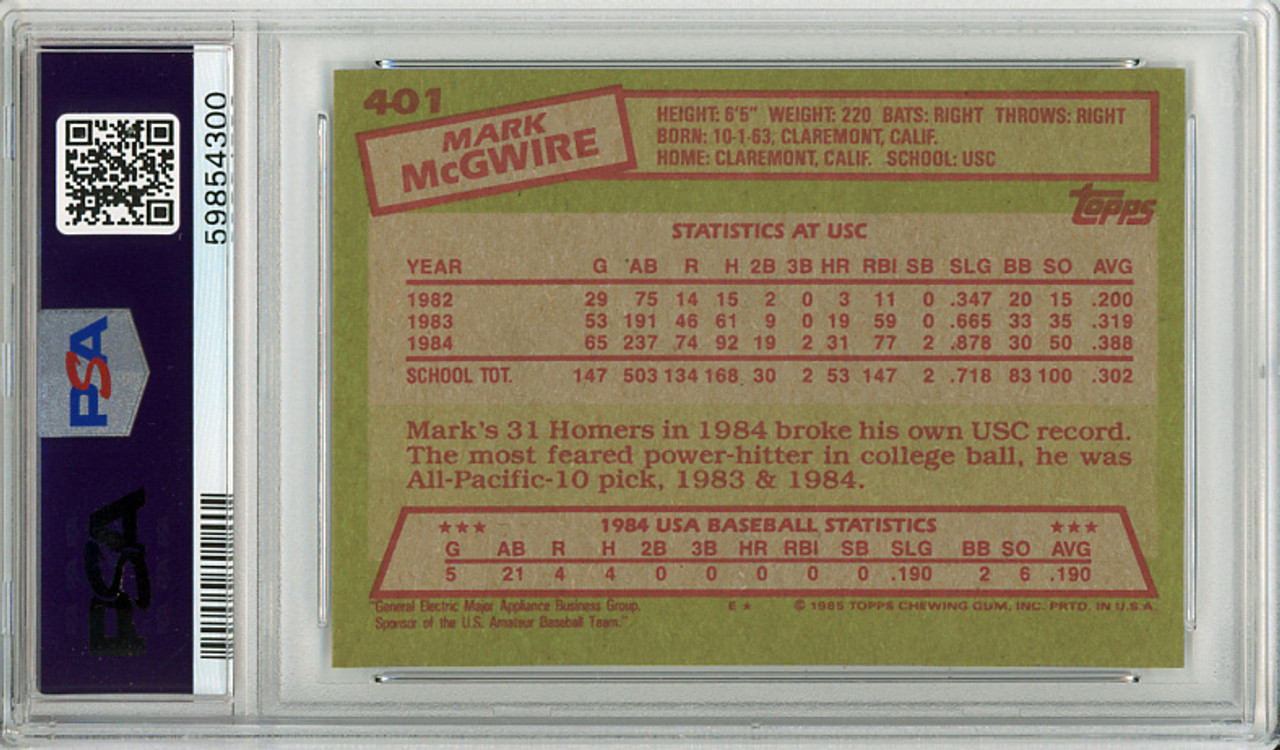 Mark McGwire 1985 Topps #401 USA Baseball PSA 8 Near Mint-Mint (#59854300)