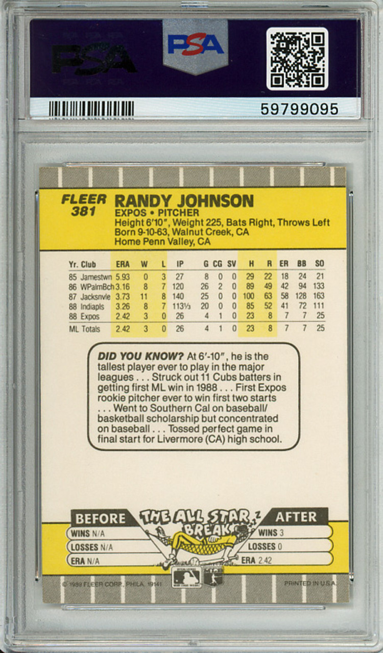 Randy Johnson 1989 Fleer #381 Marlboro Ad Completely Blacked Out PSA 7 Near Mint (#59799095)