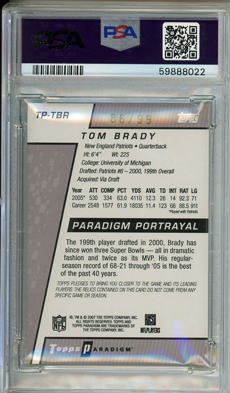 Tom Brady 2006 Topps Paradigm, Dual Jerseys #TP-TBR (#86/99) PSA 8 Near Mint-Mint (#59888022)