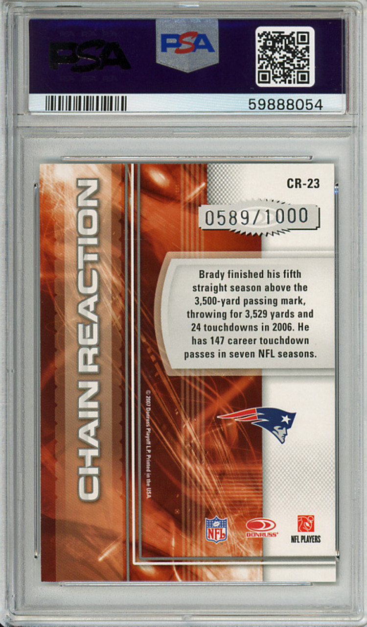Tom Brady 2007 Donruss Elite, Chain Reaction #CR-23 Gold (#0589/1000) PSA 9 Mint (#59888054)