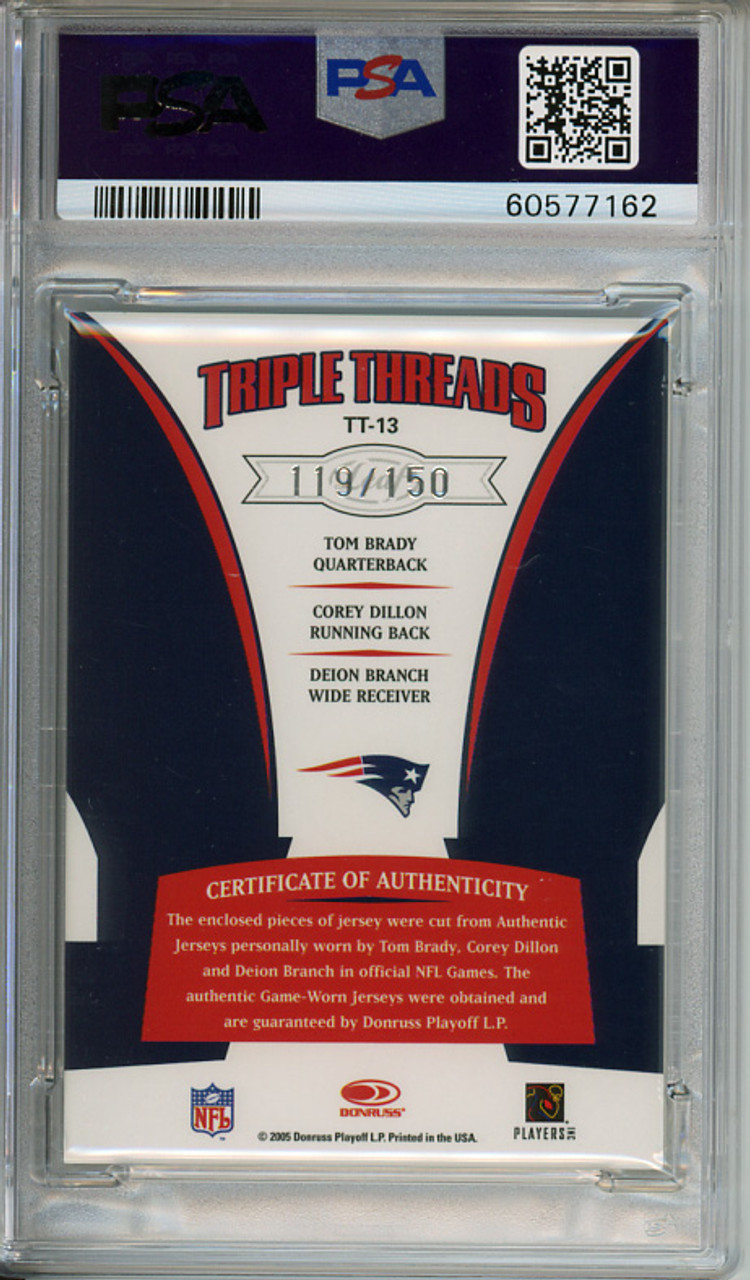 Tom Brady, Corey Dillon, Deion Branch 2005 Leaf Rookies & Stars, Triple Threads #TT-13 (#119/150) PSA 9 Mint (#60577162)