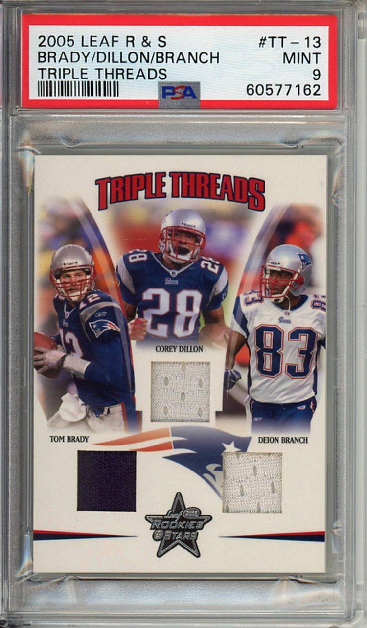 Tom Brady, Corey Dillon, Deion Branch 2005 Leaf Rookies & Stars, Triple Threads #TT-13 (#119/150) PSA 9 Mint (#60577162)