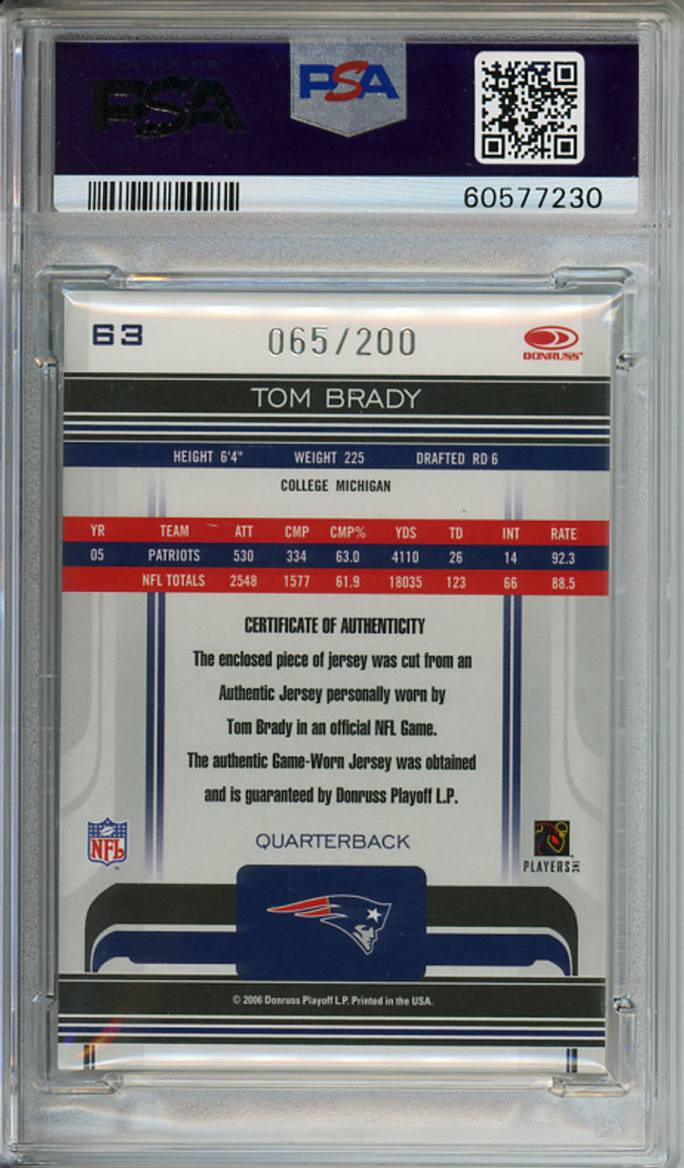Tom Brady 2006 Donruss Gridiron Gear #63 Jerseys (#065/200) PSA 8 Near Mint-Mint (#60577230)
