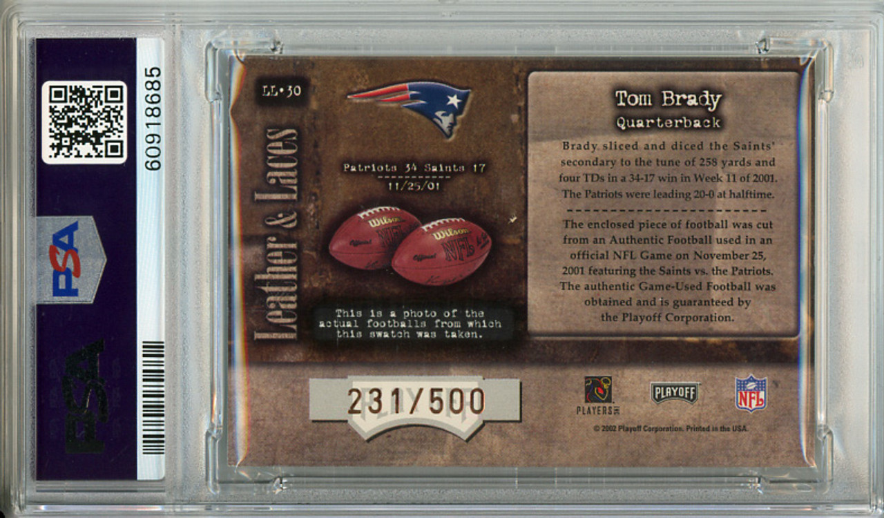 Tom Brady 2002 Playoff Absolute, Leather & Laces #LL-30 (#231/500) PSA 7 Near Mint (#60918685)