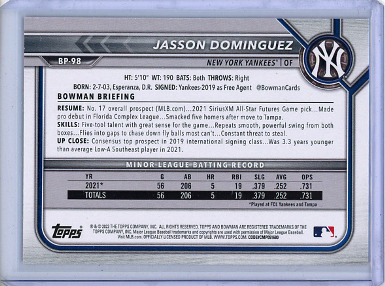 Jasson Dominguez 2022 Bowman Prospects #BP-98 Fuchsia (#010/299)