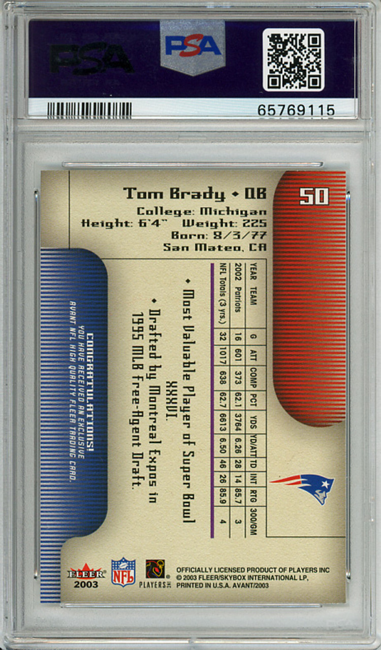 Tom Brady 2003 Avant #50 PSA 10 Gem Mint (#65769115)