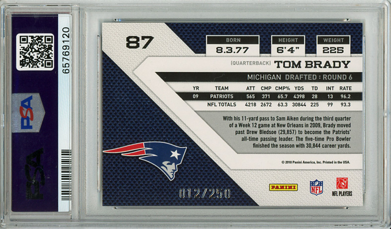 Tom Brady 2010 Threads #87 Silver Holofoil (#012/250) PSA 9 Mint (#65769120)