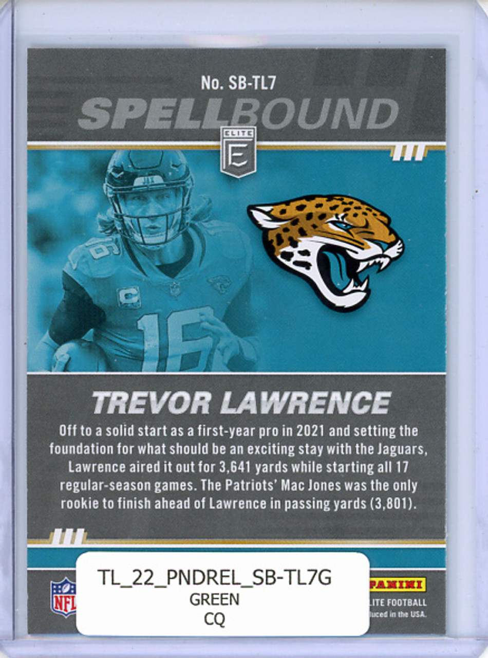 Trevor Lawrence 2022 Donruss Elite, Spellbound #SB-TL7 "C" Green (CQ)