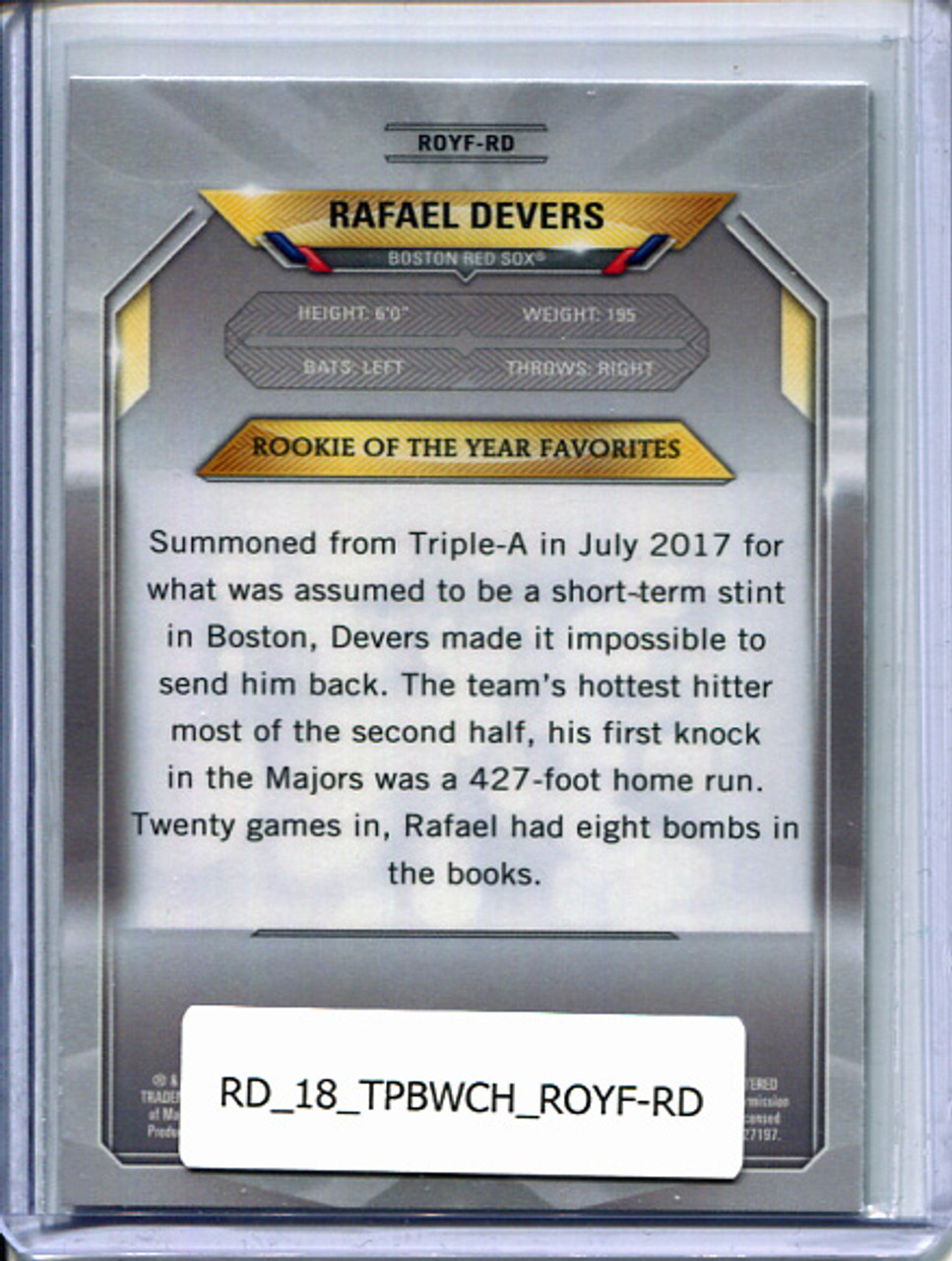 Rafael Devers 2018 Bowman Chrome, Rookie of the Year Favorites #ROYF-RD
